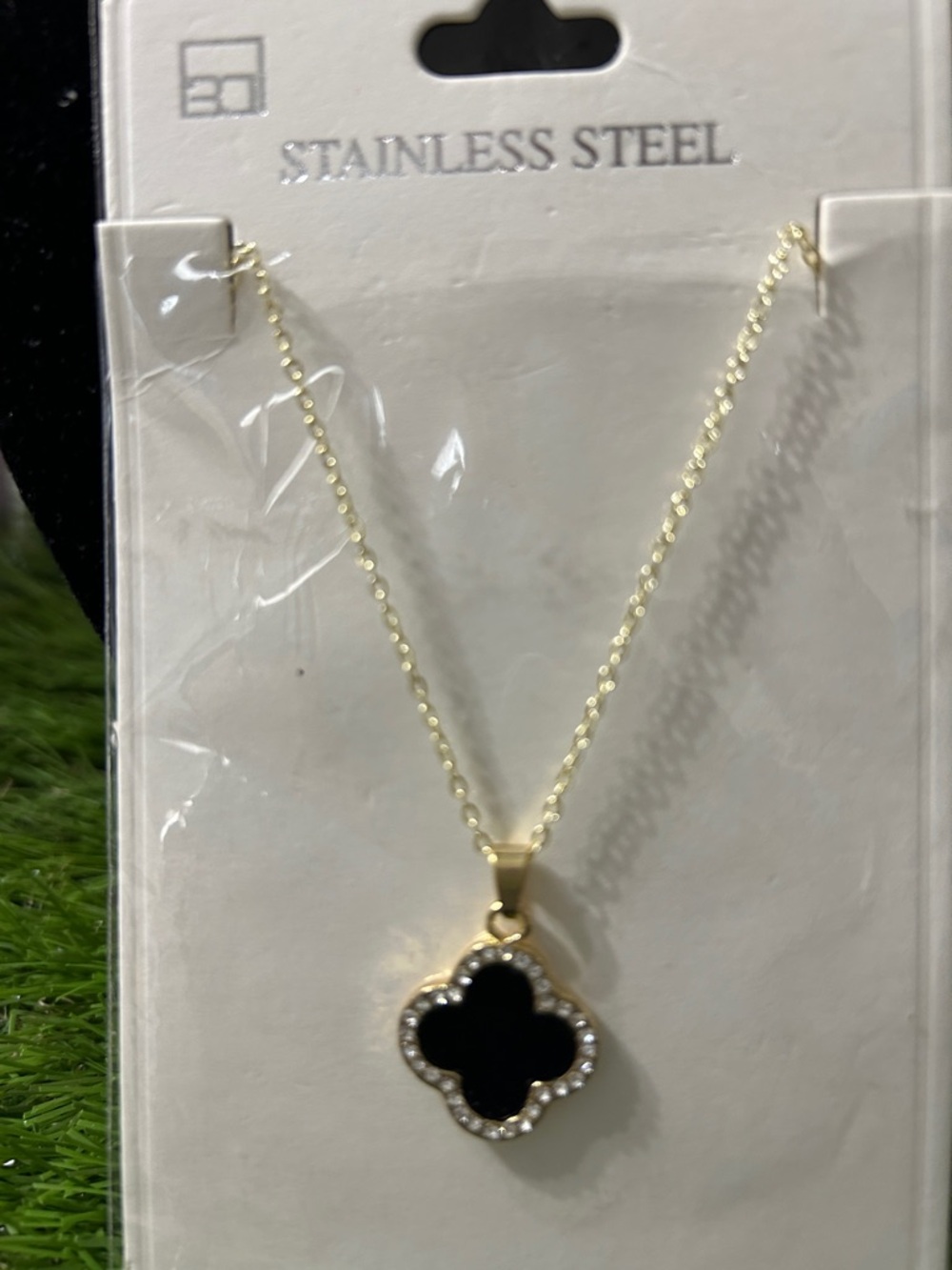 Gold-Tone Stainless Steel Necklace with Black Clover Pendant - Picture 4 of 4